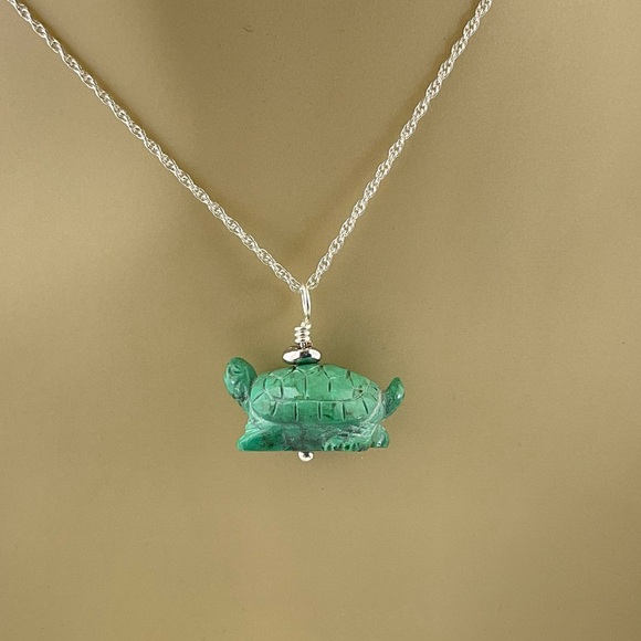Hand Crafted Jewelry - Turquoise Turtle Pendant Necklace, Handmade, Sterling Silver Rope Chain